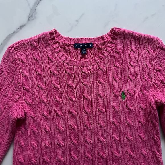 Ralph Lauren Cable knit Cotton crew neck Sweater Pink Sz Small Preppy Chic Pony - Picture 5 of 11